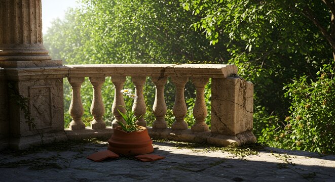 Stone balcony with daisies in broken pot displaying aged beauty and serene natural light.