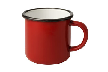 Red enamel mug, vintage metal camp cup for outdoor adventures, hot drinks, or retro kitchenware, transparent background