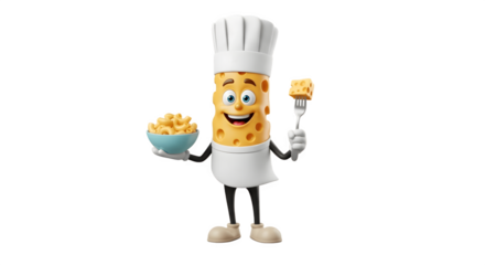 Cheerful chef character holding food and tools ready for cooking delicious meals.