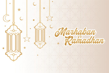 Lettering, Illustration Marhaban Ya Ramadan, with This Elegant Background Featuring Golden Lanterns, Moons, Vector Calligraphy Design, Usable for Poster, Banners, Postcards, Wallpaper, Gifts etc.