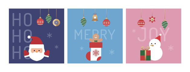 Cute pastel style Christmas Square greeting card - Santa Claus, snowman, gingerbread man