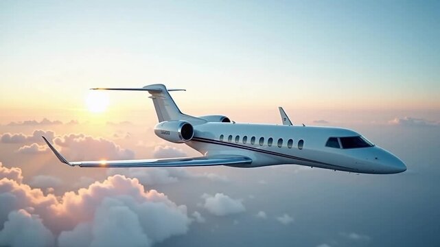 White private jet airplane flying moving forward above the clouds background. Corner front view angle. Modern private jet airplane.
