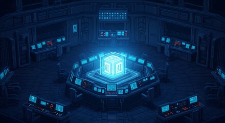 Futuristic AI cube glows in pixel art control room