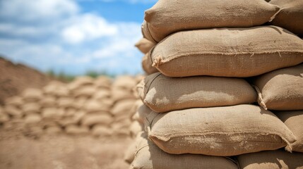 Stacked Sandbags Creating a Makeshift Backstop in Outdoor Setting with Blue Sky and White Clouds