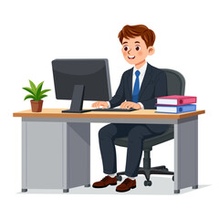 Happy businessman working at his office desk on a computer