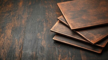Traditional Copper Plates Set on Wooden Background for Home Decor and Culinary Use