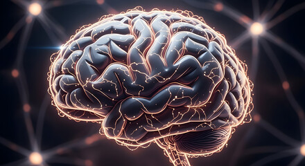 Digital illustration of a human brain with a glowing neural network, representing intelligence, technology, and consciousness.