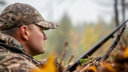 Hunter Demonstrating Safety Measures in Natural Environment During Hunting Course in Autumn Landscape