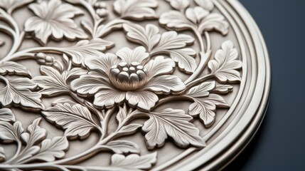 Close-Up of an Intricately Engraved Silver Plate Showcasing Floral Design Details and Fine Craftsmanship