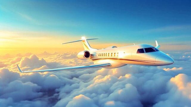White private jet airplane flying moving forward above the clouds and sunset background. Corner front view angle. Modern private jet airplane.
