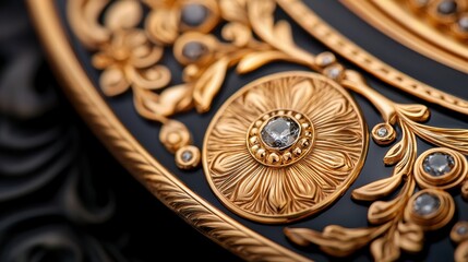 Close-Up of Elegant Engraved Gold Plate with Intricate Inlaid Gems and Exquisite Detailing