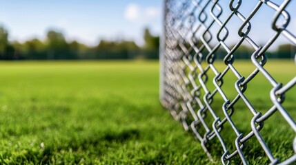 Chain Link Backstop Fence on Sports Field with Green Grass and Clear Sky