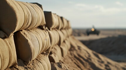 Reinforced Sand Barrier at Military Outpost with Vehicle in Background and Calm Desert Environment