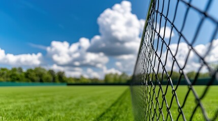 Transparent Safety Barrier at Stadium with Lush Green Field and Bright Blue Sky Filled with Fluffy Clouds