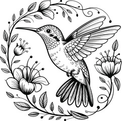 Elegant hummingbird line art illustration with floral frame, detailed black and white drawing perfect for tattoo design or decoration