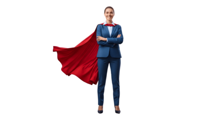 Confident Businesswoman with Superhero Cape Standing Tall and Smiling.