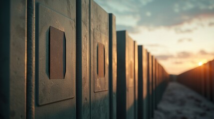 Large Reinforced Steel Barriers for Combat Training Area at Sunset with Dramatic Lighting and Depth