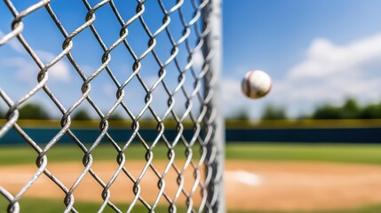 Baseball Approaching Chain Link Fence of Batting Cage During Bright Sunny Day at Baseball Field