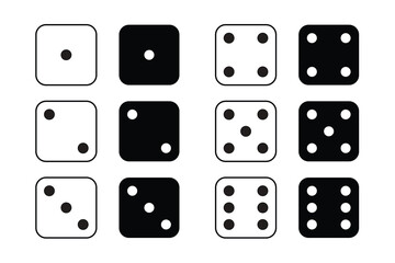 Game dice Icon with side of cube from one to six number. Set of black icon sided for gamble. Dot on cube of casino