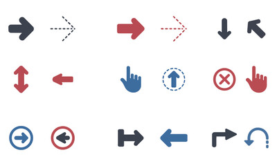 Set of colorful direction arrows and hand icons for navigation and interface design
