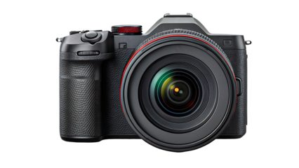 Modern digital camera with professional lens isolated on background