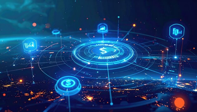 Abstract Digital Network Visualization Showing Global Financial Connections With Glowing Blue Circuits And City Lights Below At Night
