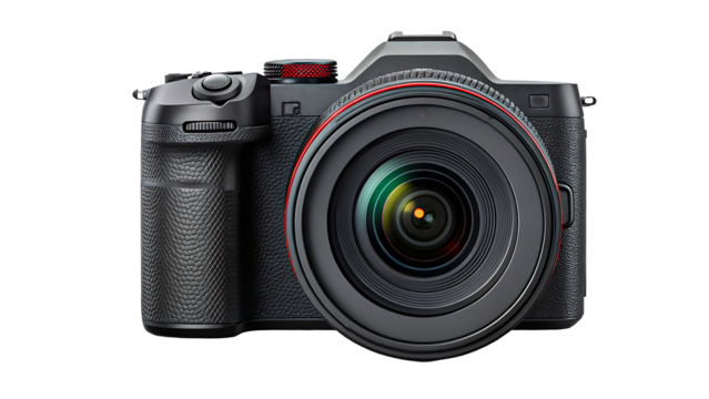Modern digital camera with professional lens isolated on background
