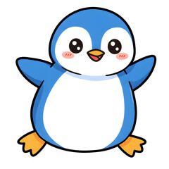 Fototapeta premium Cute baby cartoon penguin in a winter arctic snow scene with ice cream and blocks of ice