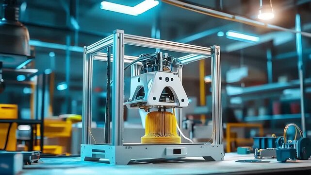 A 3D printer creates a yellow object within a modern manufacturing facility.