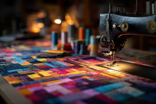 Vintage sewing machine stitching colorful patchwork fabric, spools blurred. Use for textile crafts, fashion design, or nostalgic themes.
