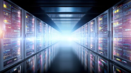 Long server hallway features numerous towering racks digital infrastructure lines corridor in modern data center