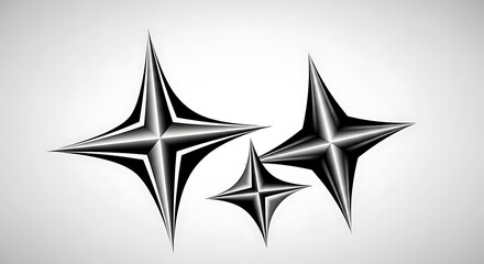 Three shiny metallic four pointed star shapes on a light background