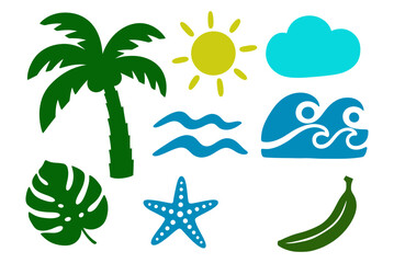Obraz premium Tropical summer silhouette icon set with palm tree, sun, cloud, wave, monstera leaf, starfish, and banana