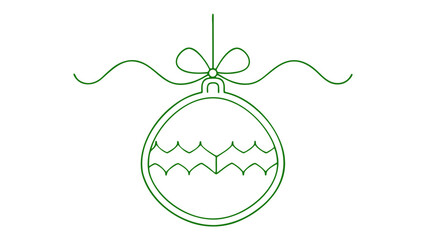 Hanging green christmas ornament line art with bow and ribbon on a white background