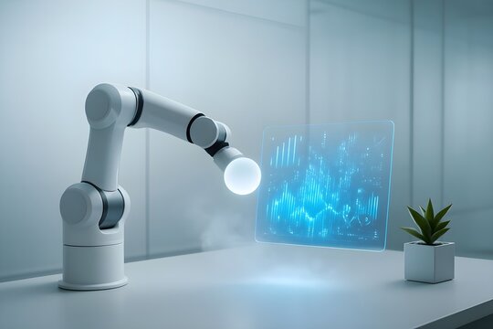Futuristic robotic arm interacts with a glowing holographic data display in a clean, modern lab setting.