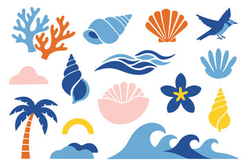 Abstract collection of summer ocean icons with seashell, coral, wave, bird, flower, and palm tree