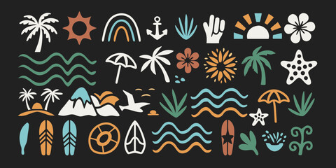 Collection of tropical summer beach icons and symbols in a flat design style