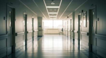 Naklejka premium Soft Focus Hospital Interior Long Hallway Perspective with Clinic Doors