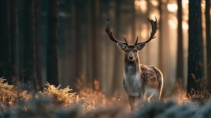 Majestic deer with large antlers stands in a forest, light shining through trees. Ideal for nature, wildlife, or conservation themed designs and advertising.