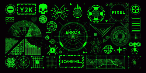 Obraz premium Retro y2k digital interface elements and futuristic glitch art with neon green graphics on black background