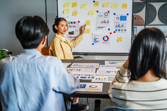In a vibrant corporate setting, a dynamic young asian businesswoman presents important statistical insights to her engaged colleagues, analyzing data presented on a whiteboard in the office - Powered by Adobe