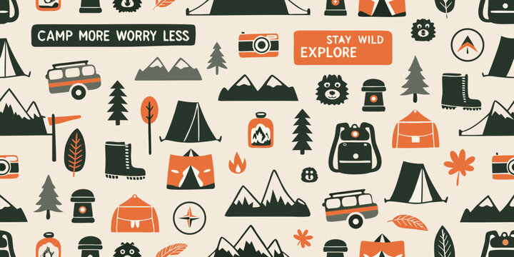 Whimsical camping and exploration pattern with mountains tents backpacks and buses