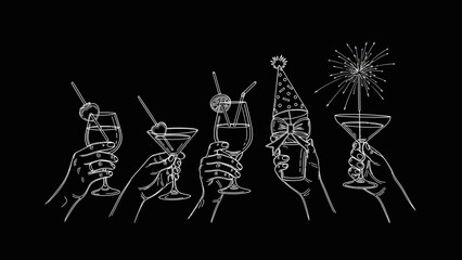 Festive Celebration Line Art: Hands Holding Cocktails and Party Favors on Black Background