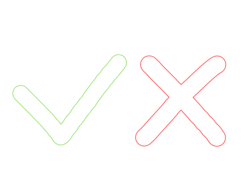 .A hand-drawn green check mark and red cross symbol side by side on a black background. White doodle-style lines with glowing edges representing correct and wrong signs.