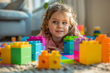 A creative and imaginative young explorer is fully immersed in a world of wonder, joyfully constructing vibrant and towering structures with colorful blocks, their eyes shining with excitement and cur