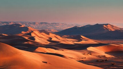 Golden hour illuminates majestic sand dunes and distant mountains in a vast desert landscape