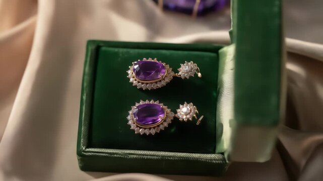 Elegant drop earrings featuring large purple amethyst stones encircled by shimmering diamonds, showcased in an open velvet box with soft lighting.