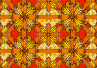 Abstract flower african wax print cotton concept, Ankara fabric Seamless pattern with intricate tribal designs authentic, traditional cultural textile art for fashion clothing. Not AI generated.