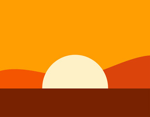 A minimalist depiction of a large, pale sun setting or rising over rolling hills and a dark foreground, rendered in warm, earthy tones.