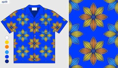 Blue mockup shirt with abstract floral pattern. African wax print cotton concept. Ankara fabric. Seamless pattern. Traditional cultural textile art for fashion clothing. Not generated by AI.